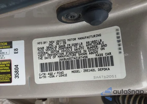 2010 Toyota Corolla Le из США, поврежденный, VIN 1NXBU4EE7AZ197456